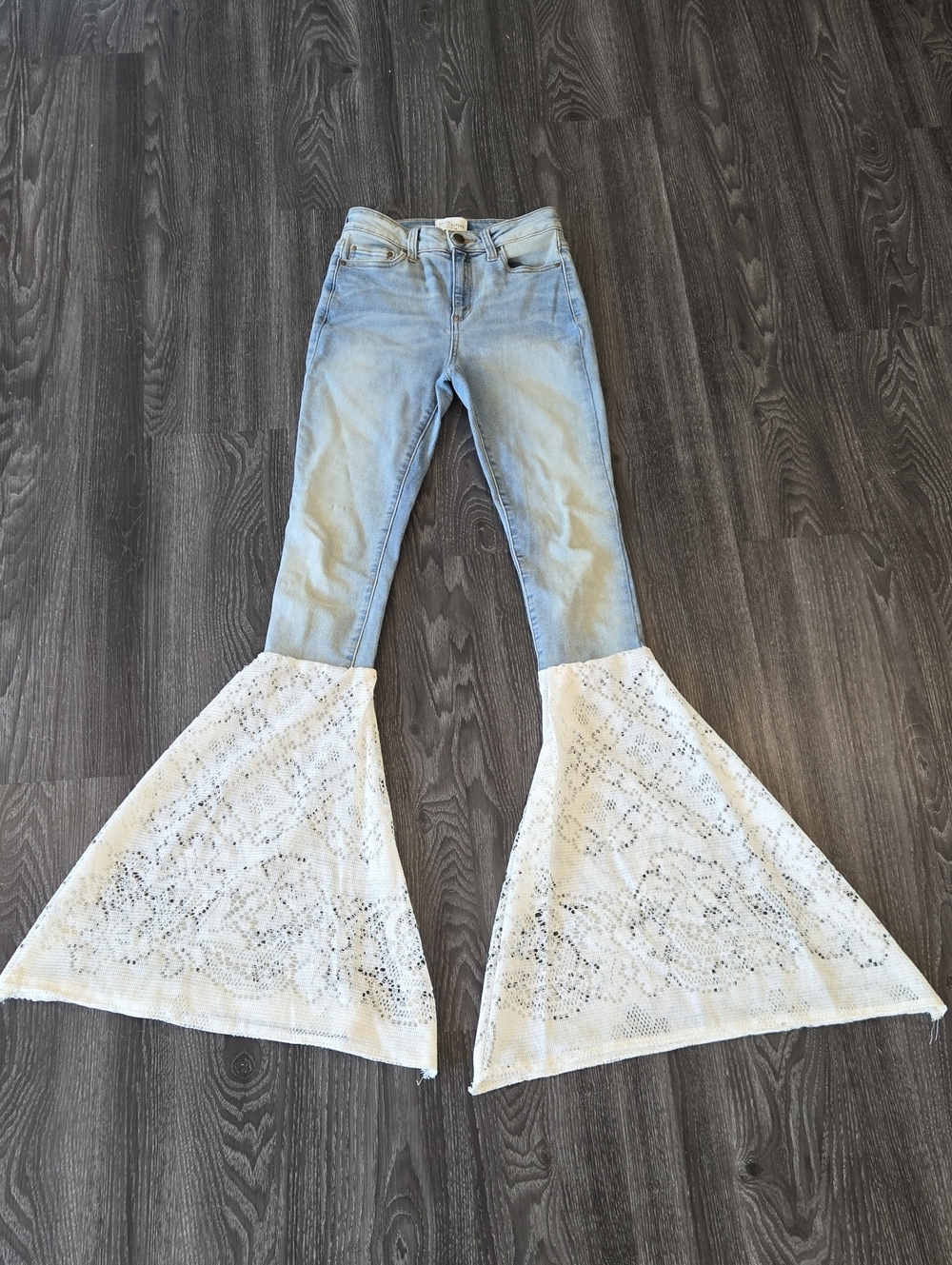 Light Wash Denim Bell Bottom Jeans with White Lace Flare Size 24r